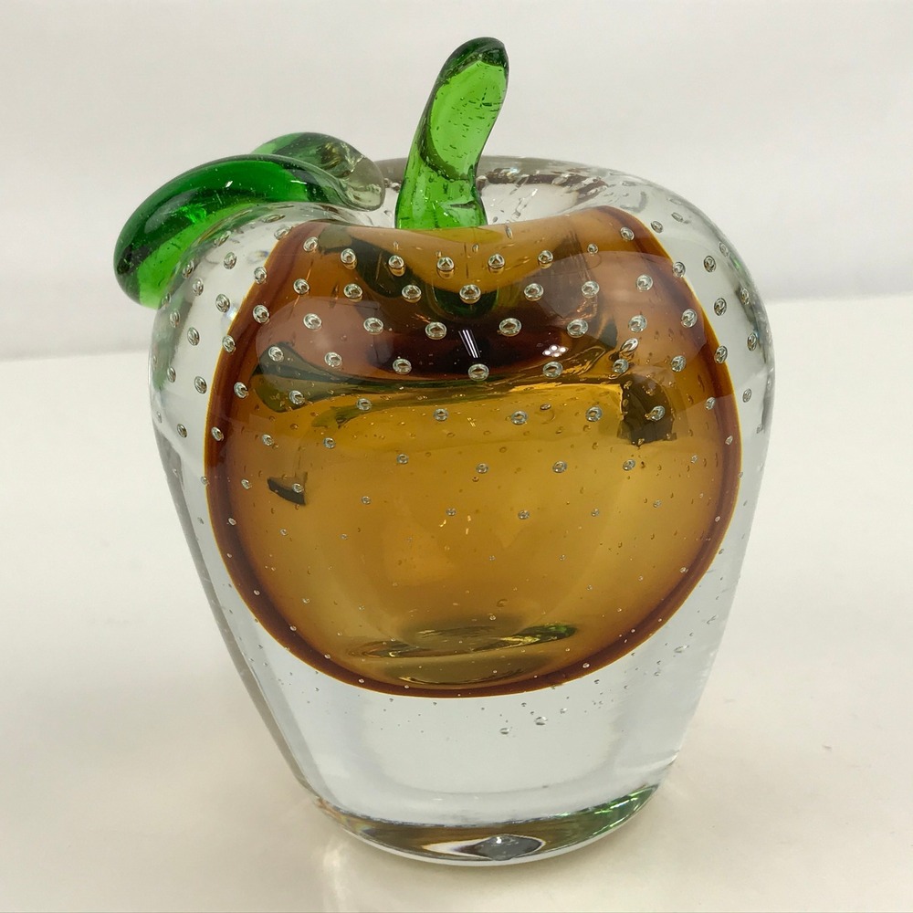 VTG Art Glass Bullicante Sommerso Apple Paperweight Amber/Gold Controlled Bubble